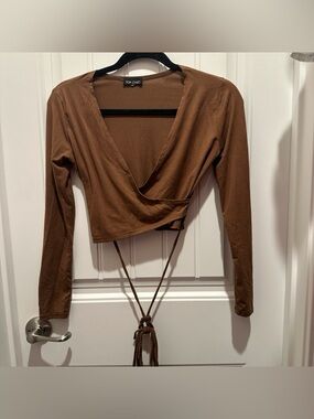 Topshop Brown Long-Sleeve Wrap Crop Top